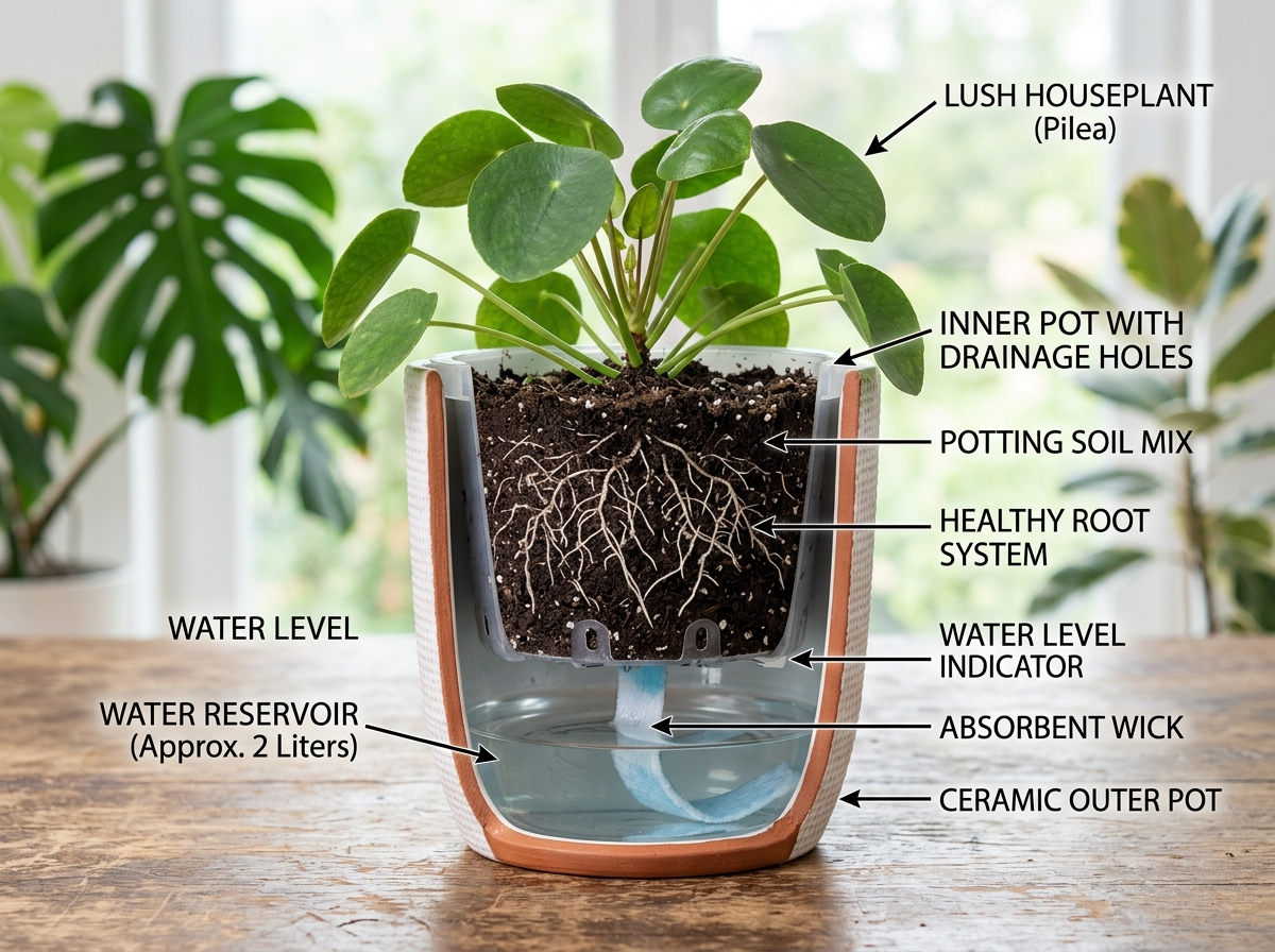 Cross-section of a self-watering planter showing the wick and reservoir - self watering pot for peace lily Cross-section of a self-watering planter showing the wick and reservoir - self watering pot for peace lily
