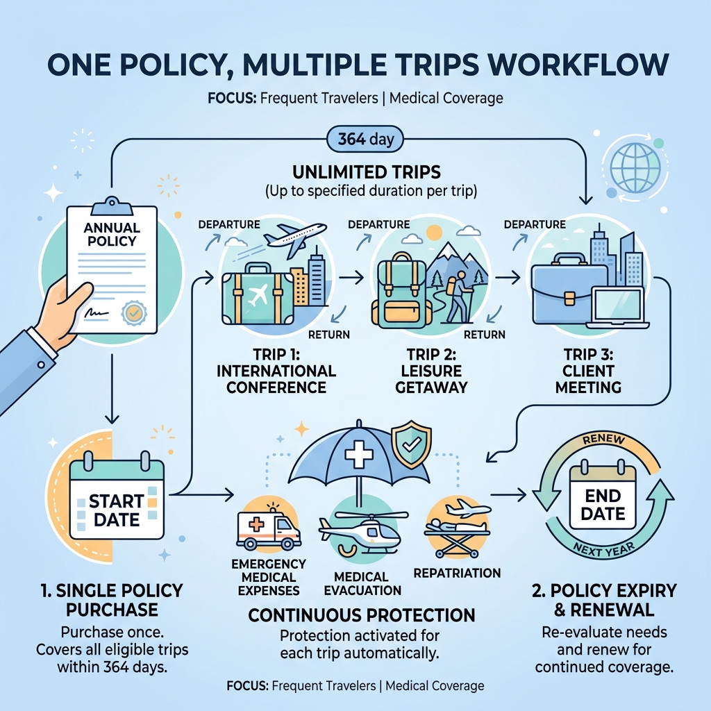 One Policy, Multiple Trips Workflow - annual travel medical insurance infographic 