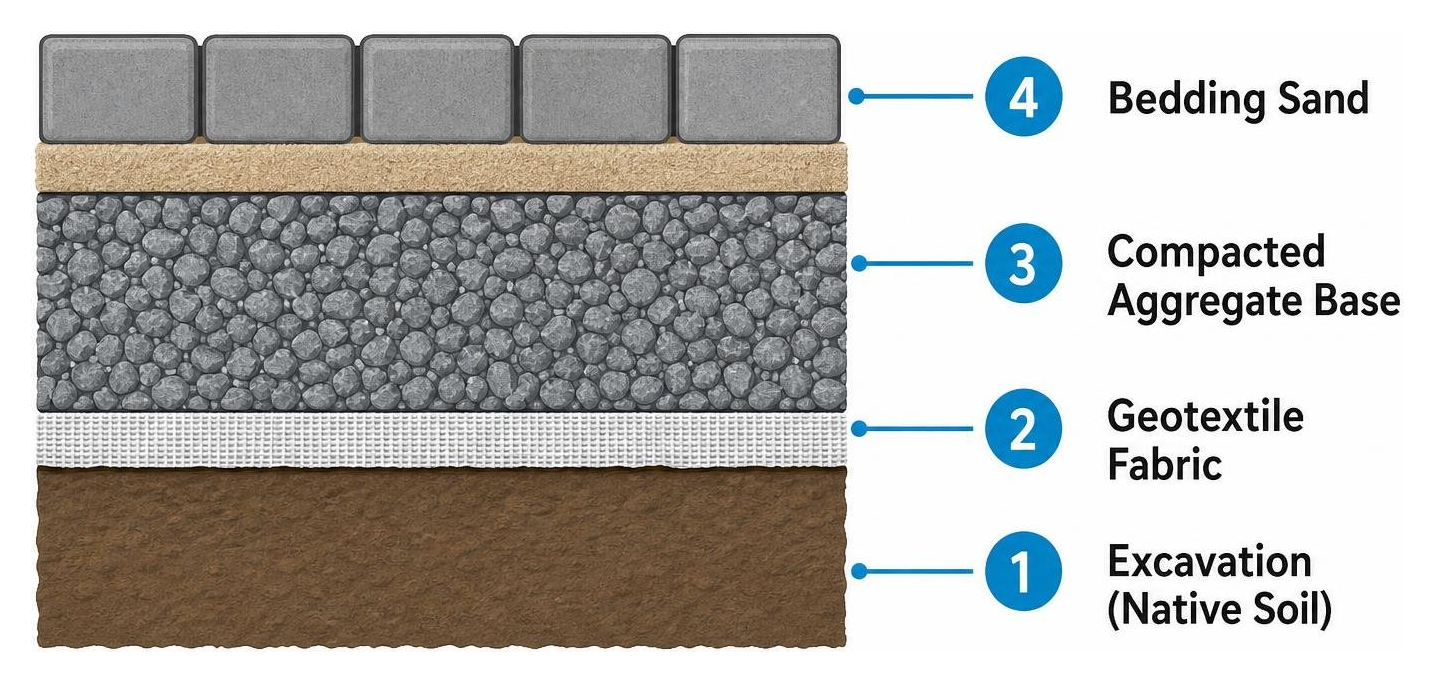 Diagram showing layers of excavation, geotextile fabric, compacted aggregate base, and bedding sand Diagram showing layers of excavation, geotextile fabric, compacted aggregate base, and bedding sand