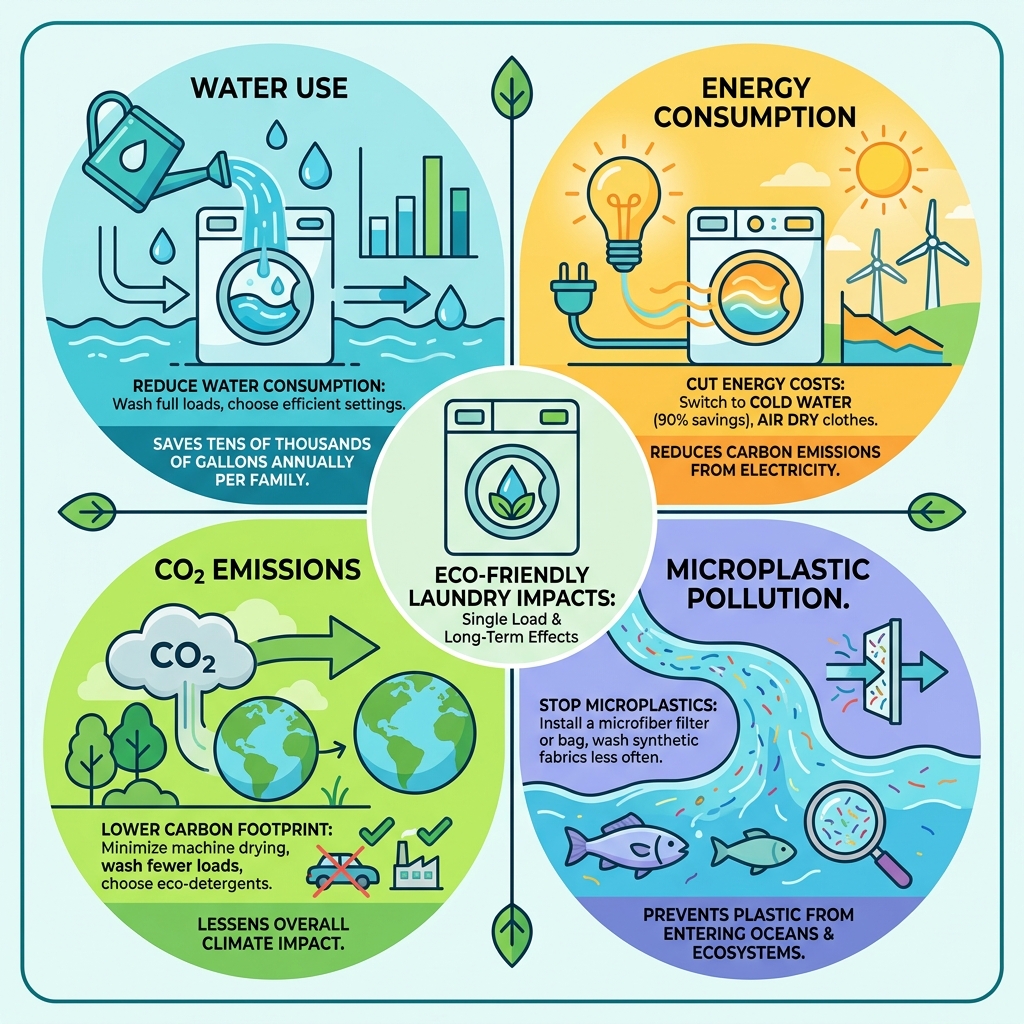 Lifecycle impact of a single load of laundry - energy, water, microplastics, CO2 - eco friendly laundry habits infographic Lifecycle impact of a single load of laundry - energy, water, microplastics, CO2 - eco friendly laundry habits infographic
