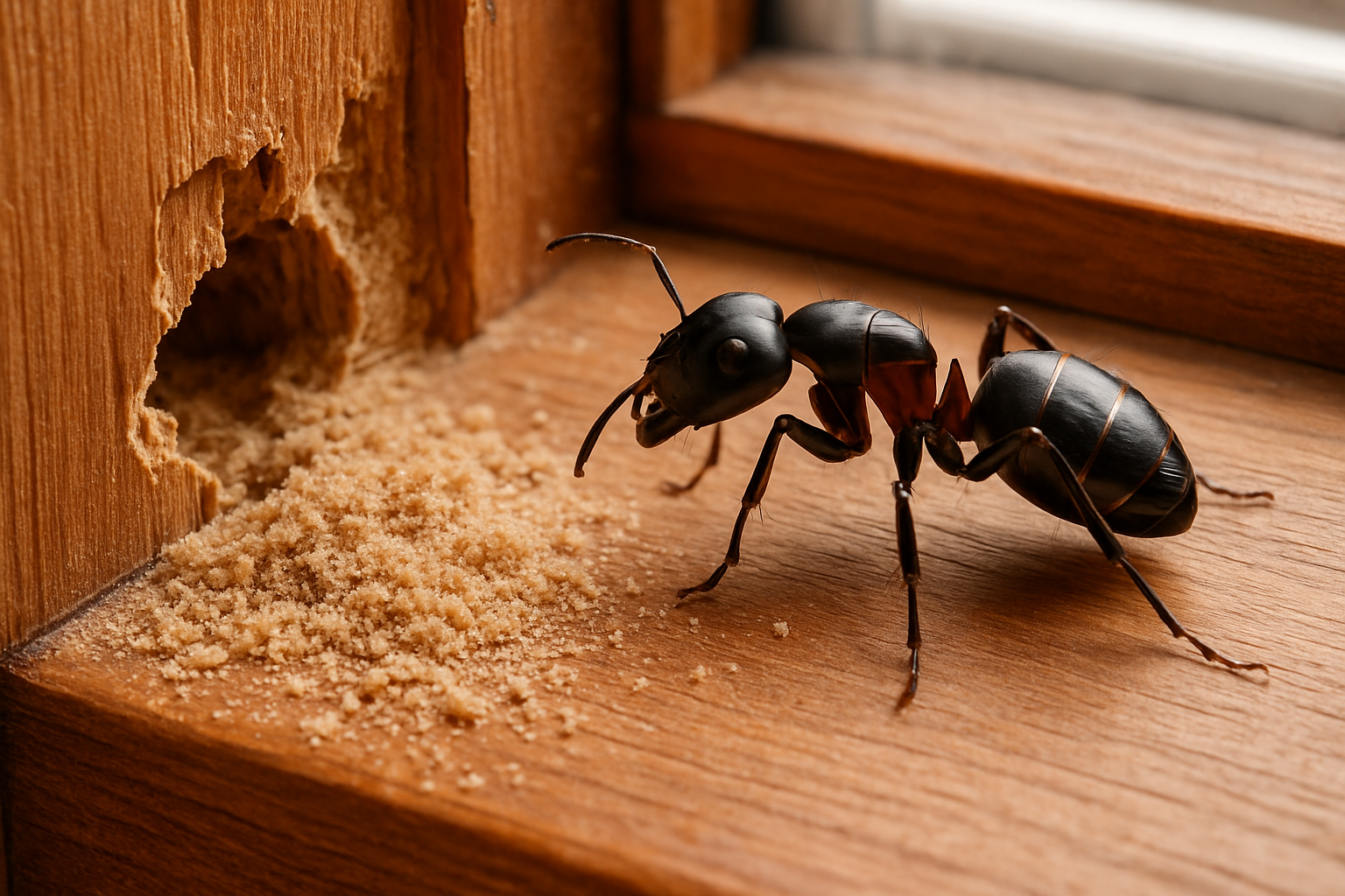 carpenter ant next to wood damage - big red ants in house