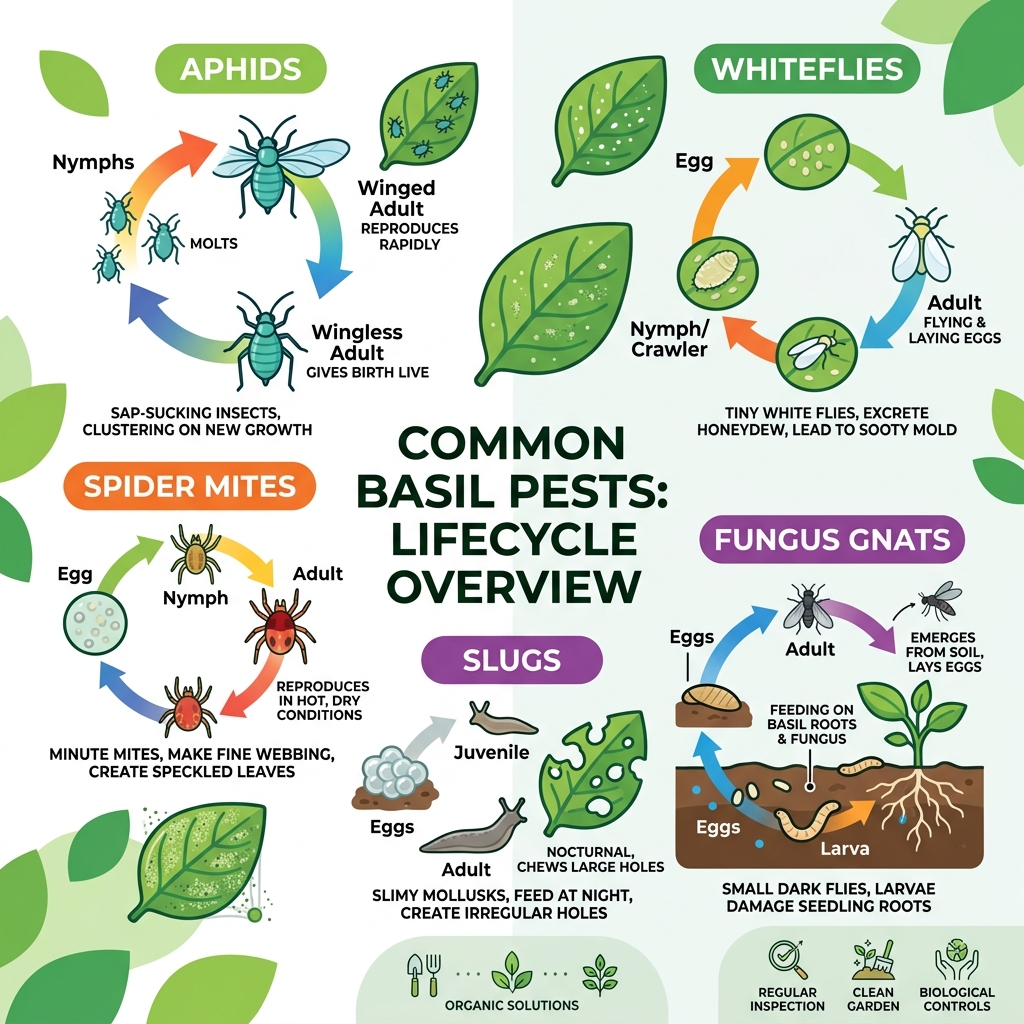 Common basil pests lifecycle infographic showing aphids, whiteflies, spider mites, slugs, and fungus gnats - organic basil Common basil pests lifecycle infographic showing aphids, whiteflies, spider mites, slugs, and fungus gnats - organic basil