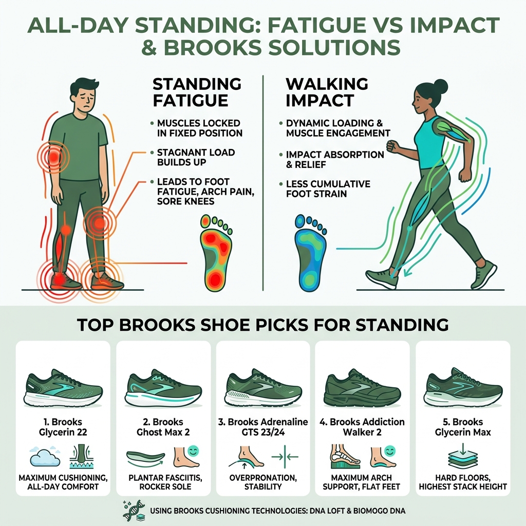 Infographic comparing standing fatigue vs walking impact and top Brooks shoe picks for all-day standing - best brooks shoe Infographic comparing standing fatigue vs walking impact and top Brooks shoe picks for all-day standing - best brooks shoe