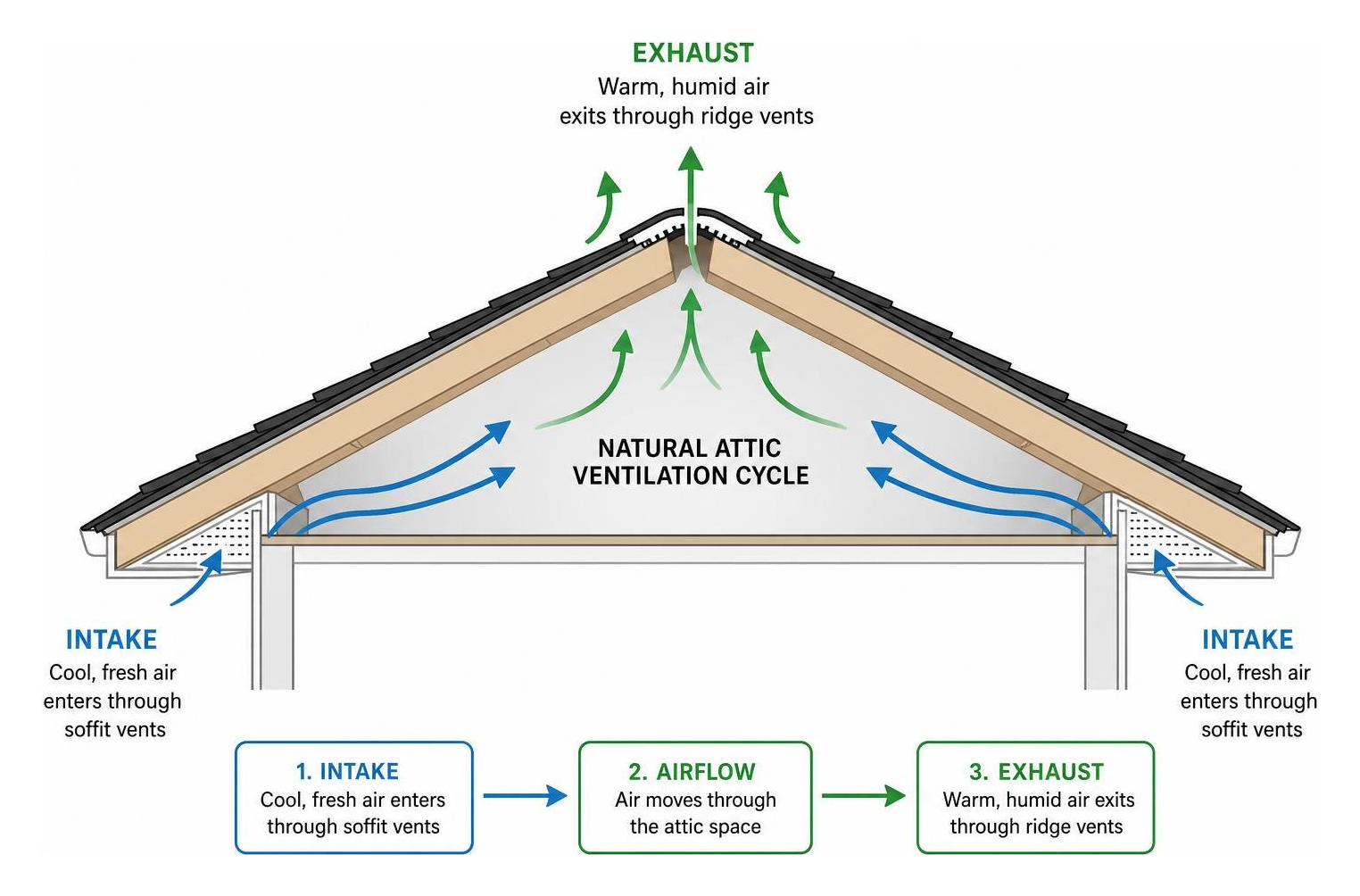 Diagram showing the natural attic ventilation cycle with intake through soffit vents and exhaust through ridge vents