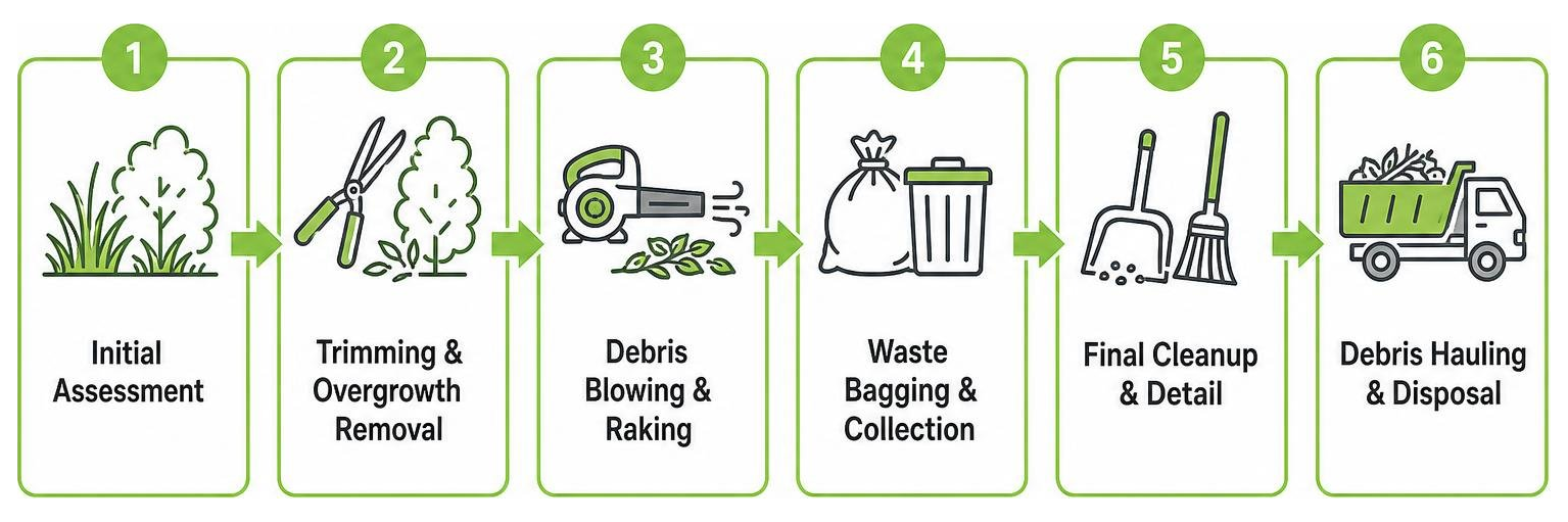 step-by-step process of a comprehensive yard cleanup from waste removal to final debris hauling