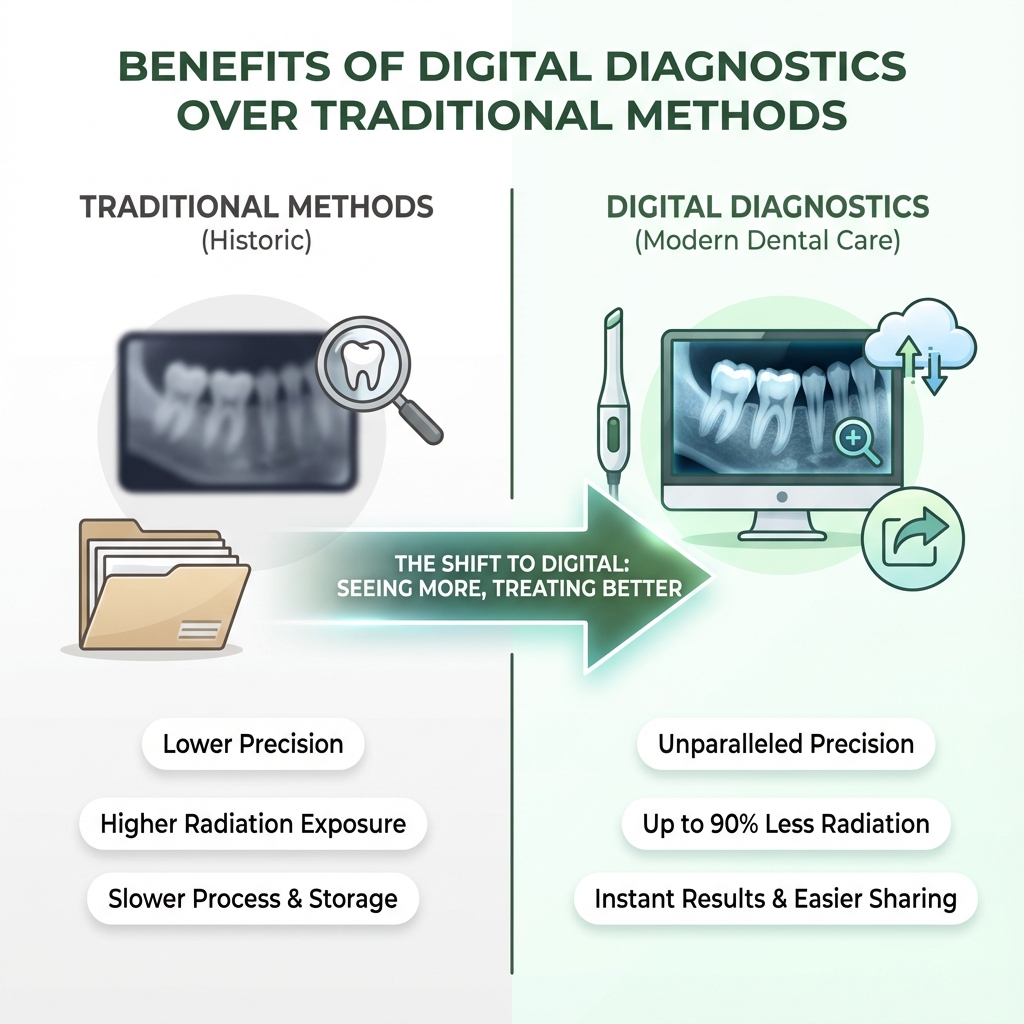 Infographic showing benefits of digital diagnostics over traditional methods - Modern Dental Care infographic 