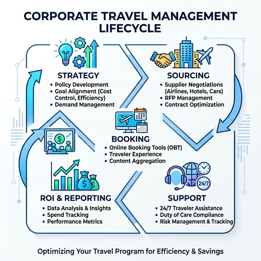 Corporate travel management lifecycle showing strategy, sourcing, booking, support, and ROI stages - Corporate travel Corporate travel management lifecycle showing strategy, sourcing, booking, support, and ROI stages - Corporate travel