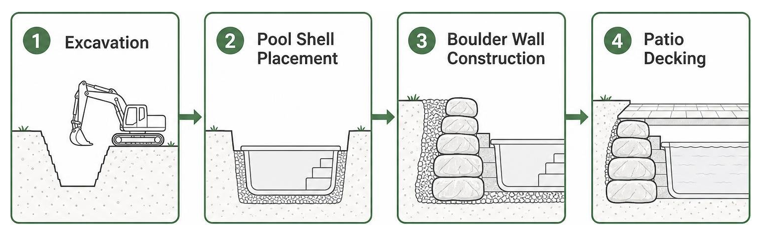Process of integrating a pool retaining wall: excavation, pool shell placement, boulder wall construction, patio decking Process of integrating a pool retaining wall: excavation, pool shell placement, boulder wall construction, patio decking