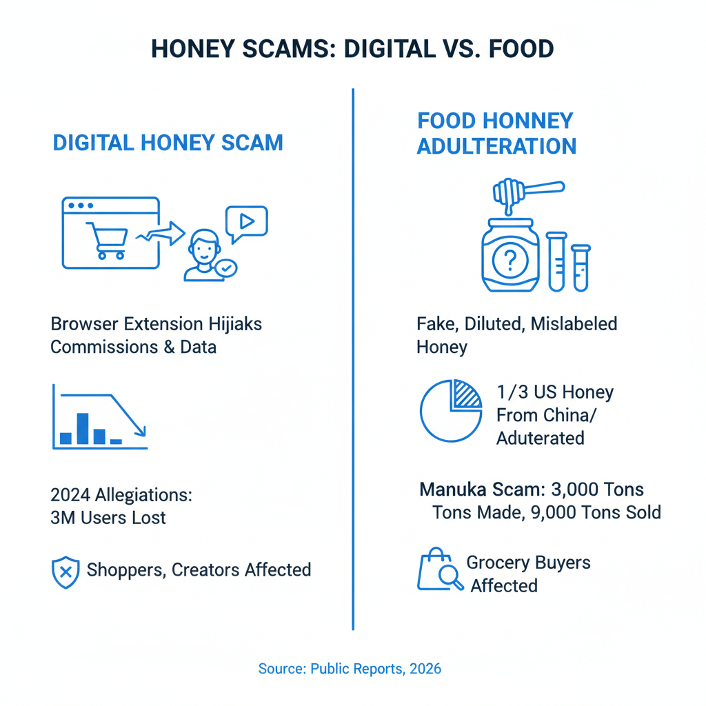 Infographic comparing digital Honey browser extension scam vs food honey adulteration scam side by side - honey scam Infographic comparing digital Honey browser extension scam vs food honey adulteration scam side by side - honey scam