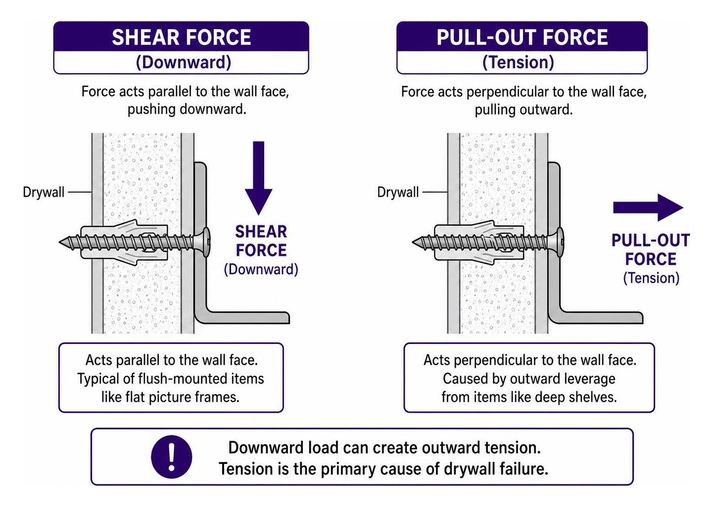 Mechanical vector diagram showing downward shear versus outward pull-out forces