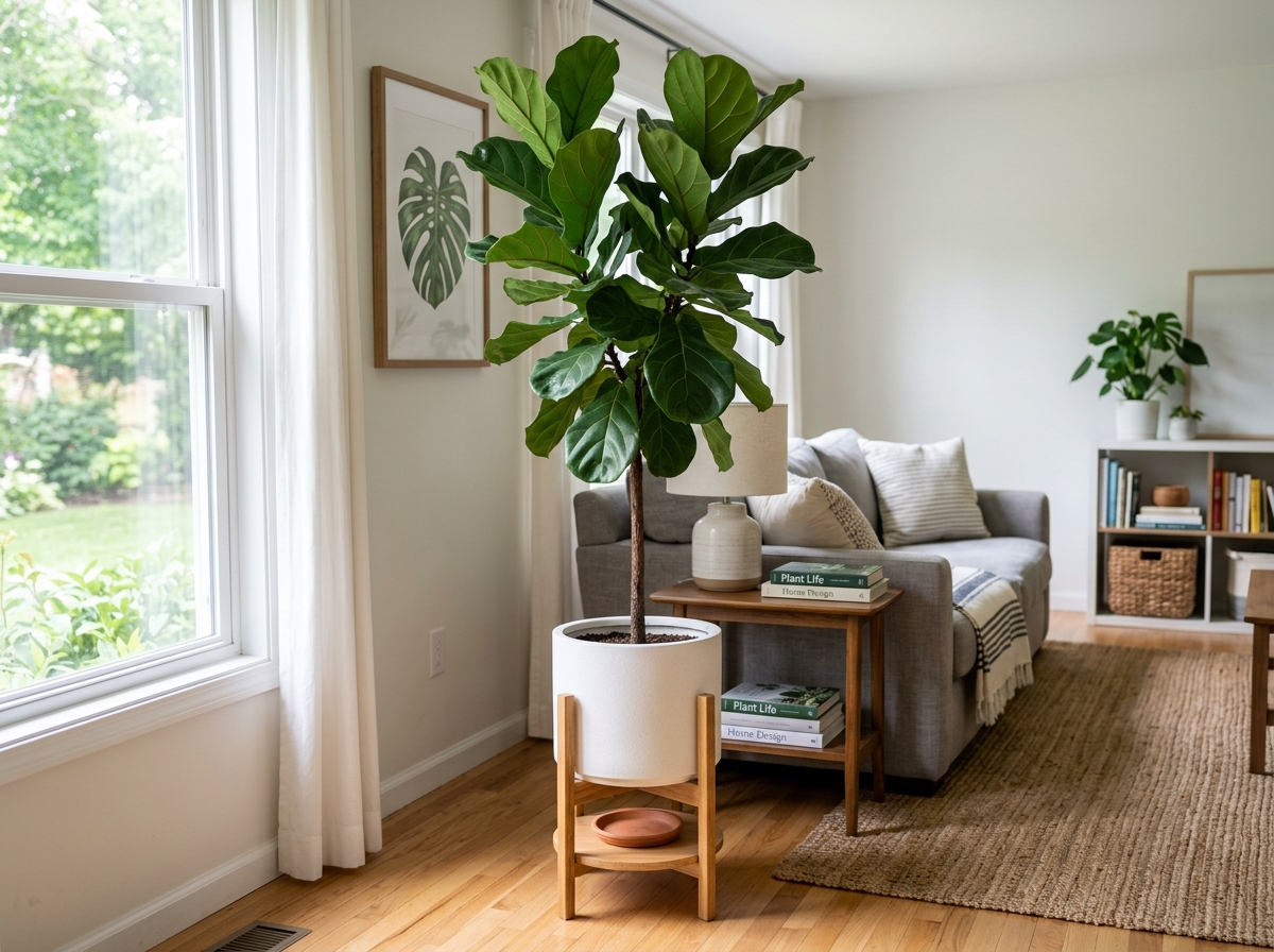 white ceramic planter with wood stand for fiddle leaf fig - best drainage pot for fiddle leaf fig
