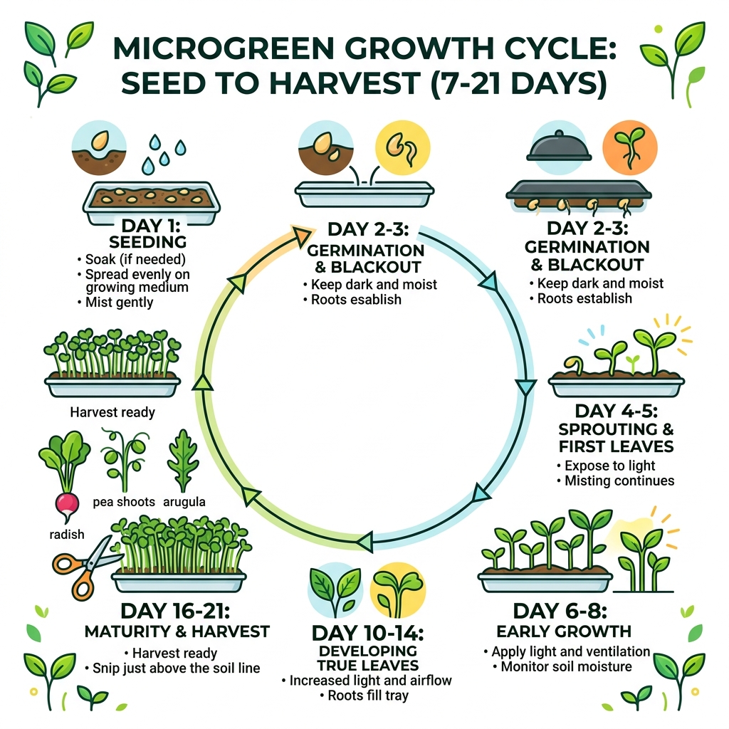 7-21 day microgreen growth cycle from seed to harvest infographic - easy microgreens healthy recipes infographic 