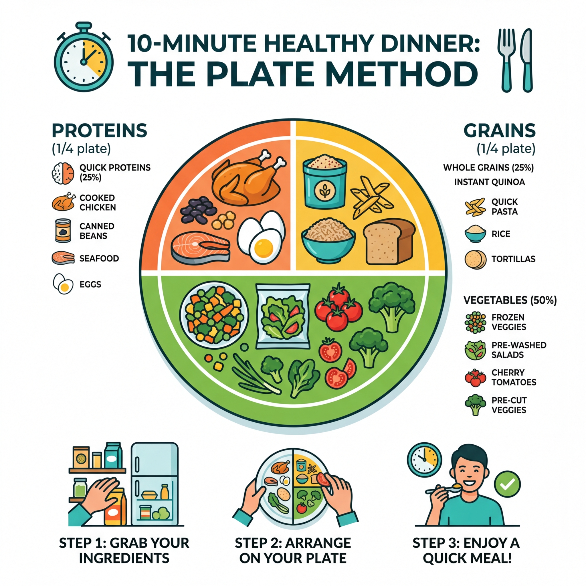 Infographic showing the Plate Method for quick 10-minute healthy dinner assembly with proteins, grains, and vegetables - 10