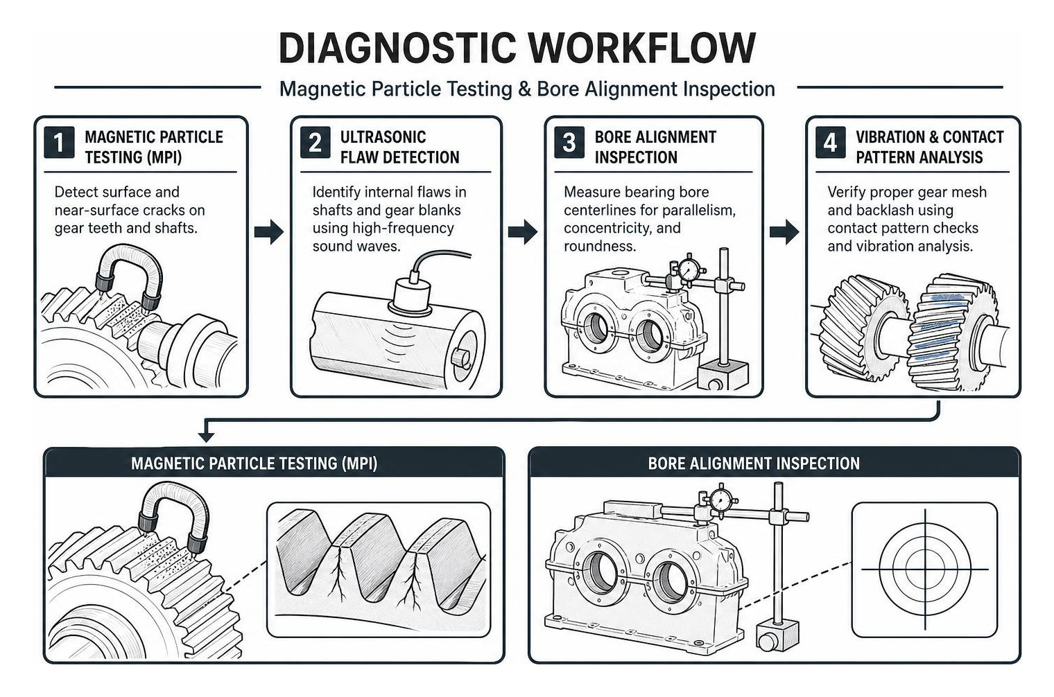 Diagnostic workflow showing magnetic particle testing and bore alignment inspection Diagnostic workflow showing magnetic particle testing and bore alignment inspection