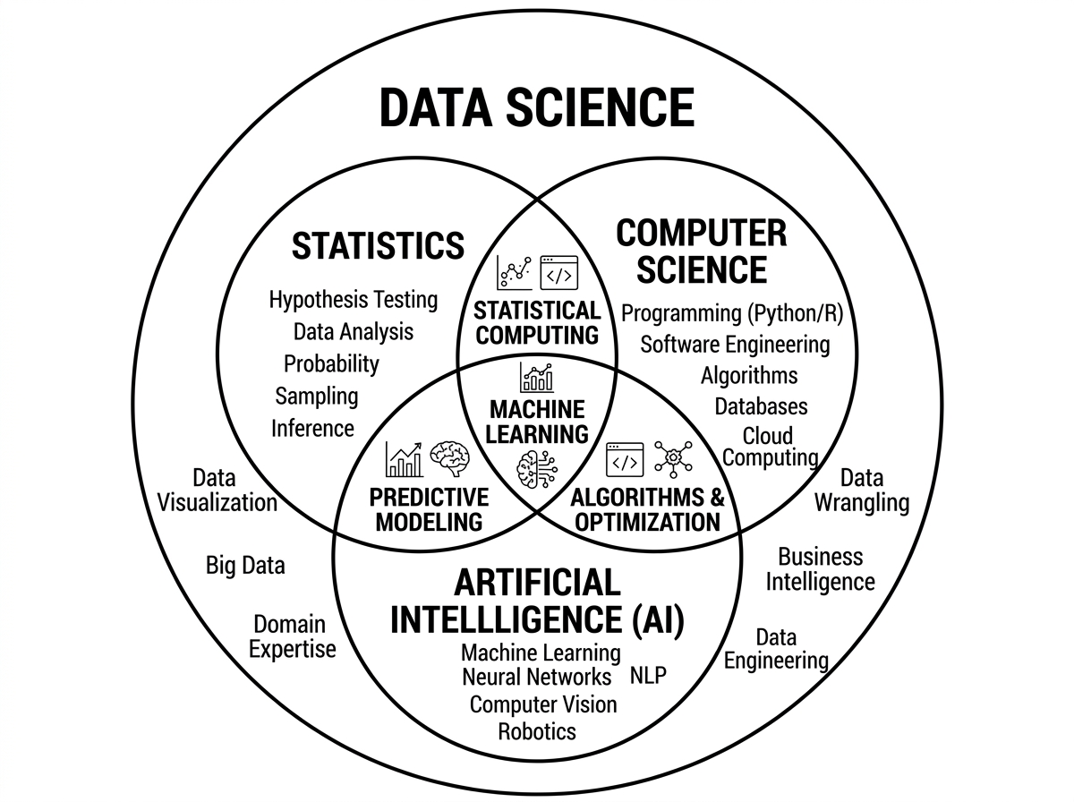 Venn diagram showing the overlap of statistics, computer science, and AI within data science - ai and data science Venn diagram showing the overlap of statistics, computer science, and AI within data science - ai and data science