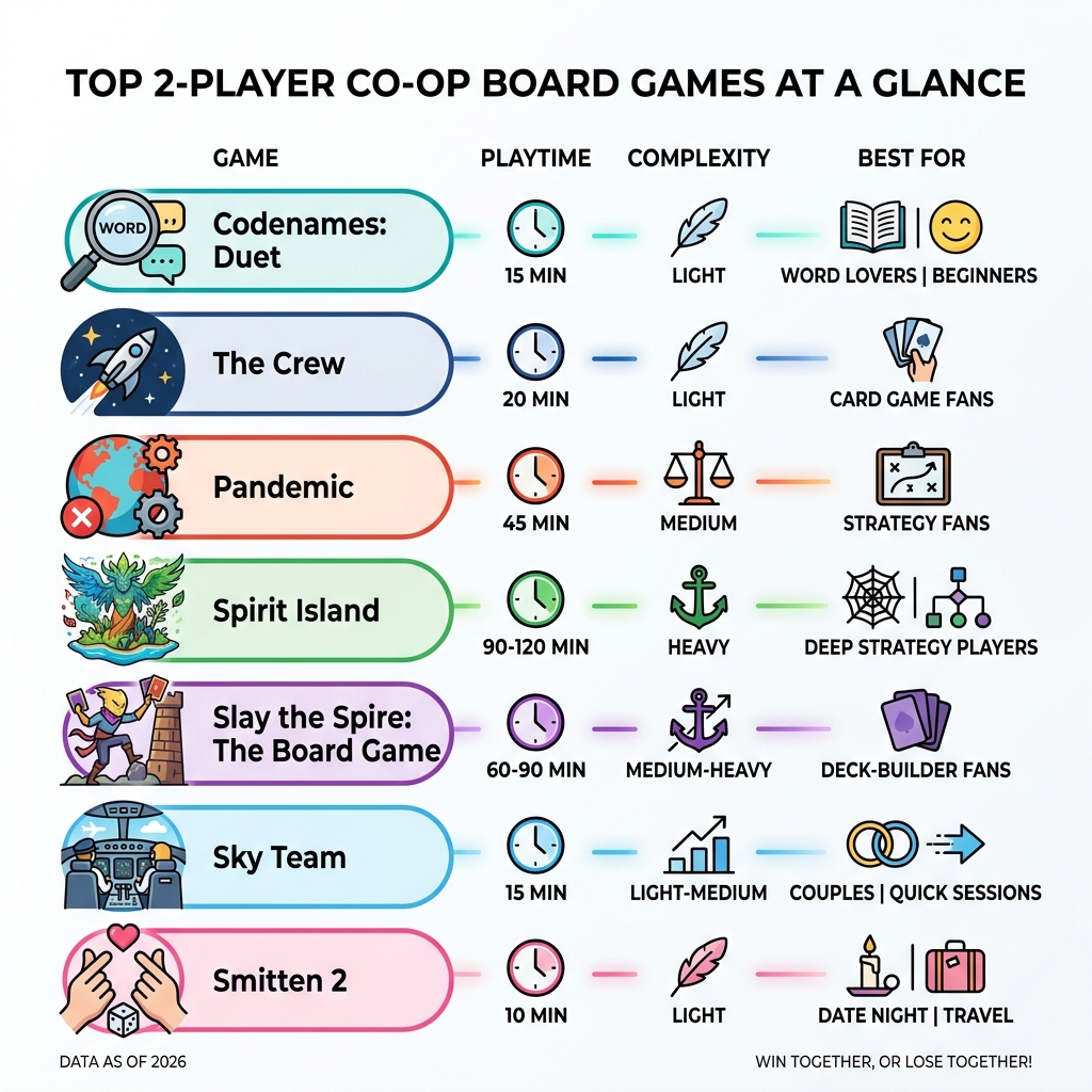 Infographic showing top co op 2 player board games by playtime, complexity, and best use case - co op 2 player board games Infographic showing top co op 2 player board games by playtime, complexity, and best use case - co op 2 player board games
