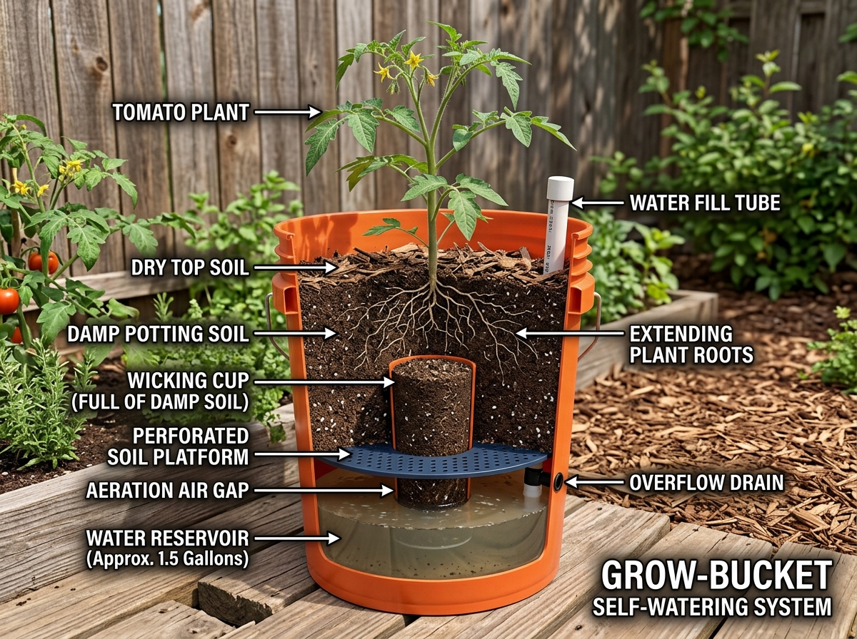 The internal components of a bucket reservoir showing the wicking cup and aeration gap - self watering bucket