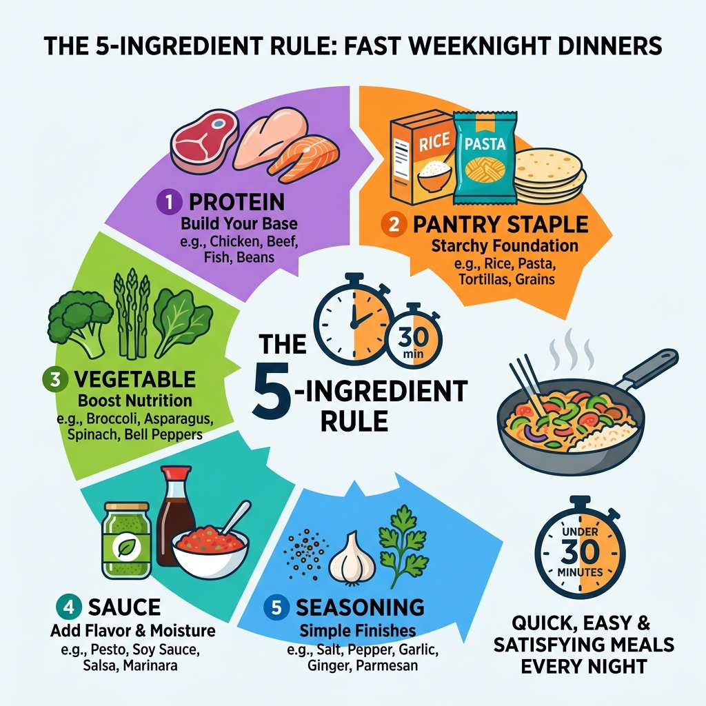 Infographic showing the 5-ingredient rule: protein, pantry staple, vegetable, sauce, seasoning — all under 30 minutes