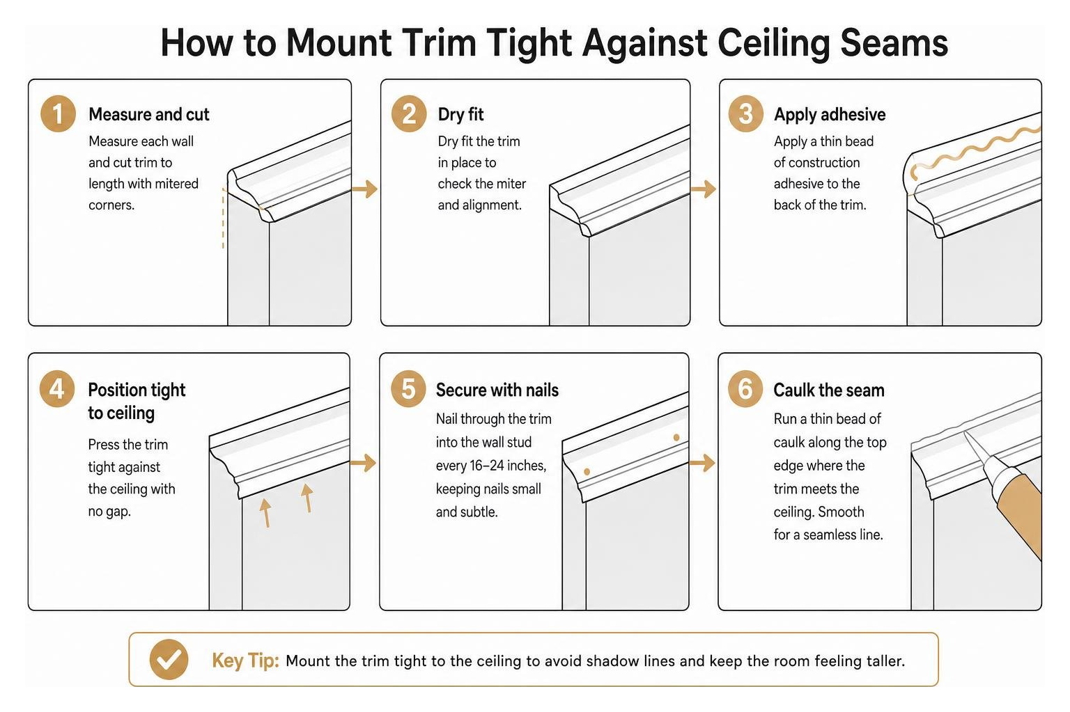 step-by-step process of mounting trim tight against ceiling seams step-by-step process of mounting trim tight against ceiling seams