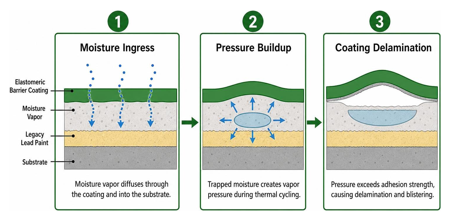 Sequence showing moisture ingress, pressure buildup, and coating delamination Sequence showing moisture ingress, pressure buildup, and coating delamination