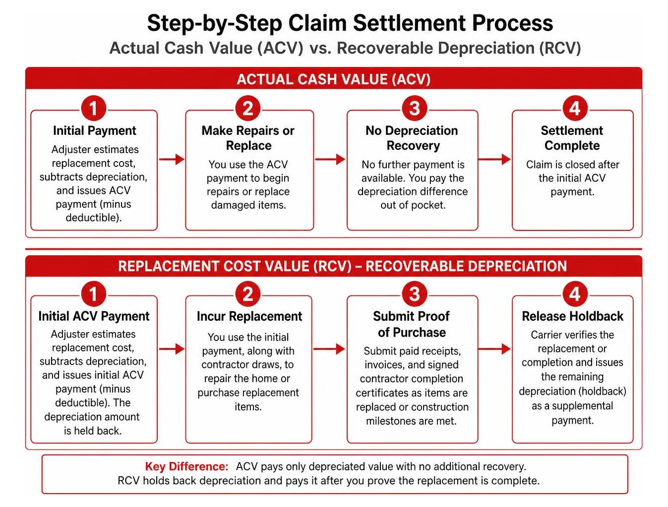 Step-by-step claim settlement process comparing actual cash value and recoverable depreciation Step-by-step claim settlement process comparing actual cash value and recoverable depreciation