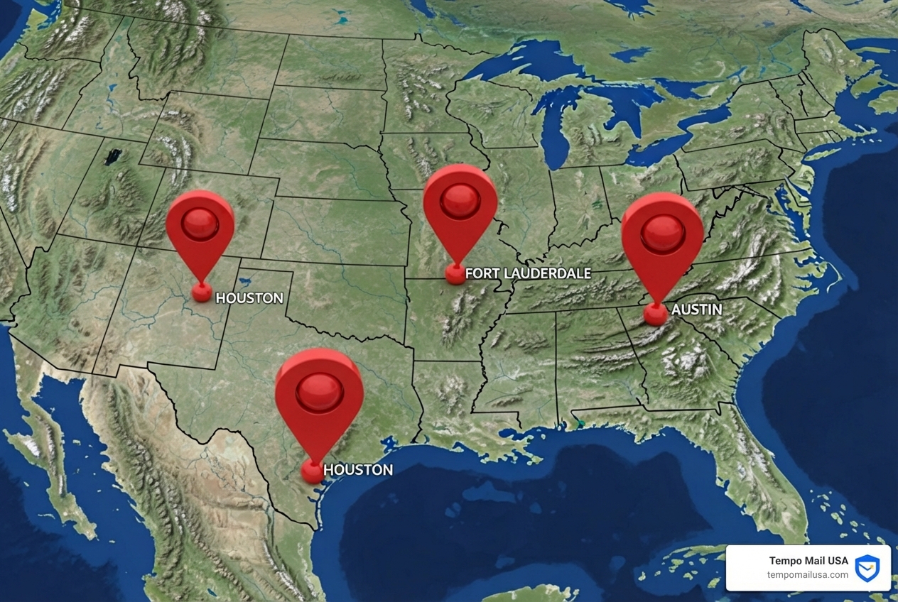 map of the United States with pins on cities like Houston, Fort Lauderdale, and Austin - parkmobile scam