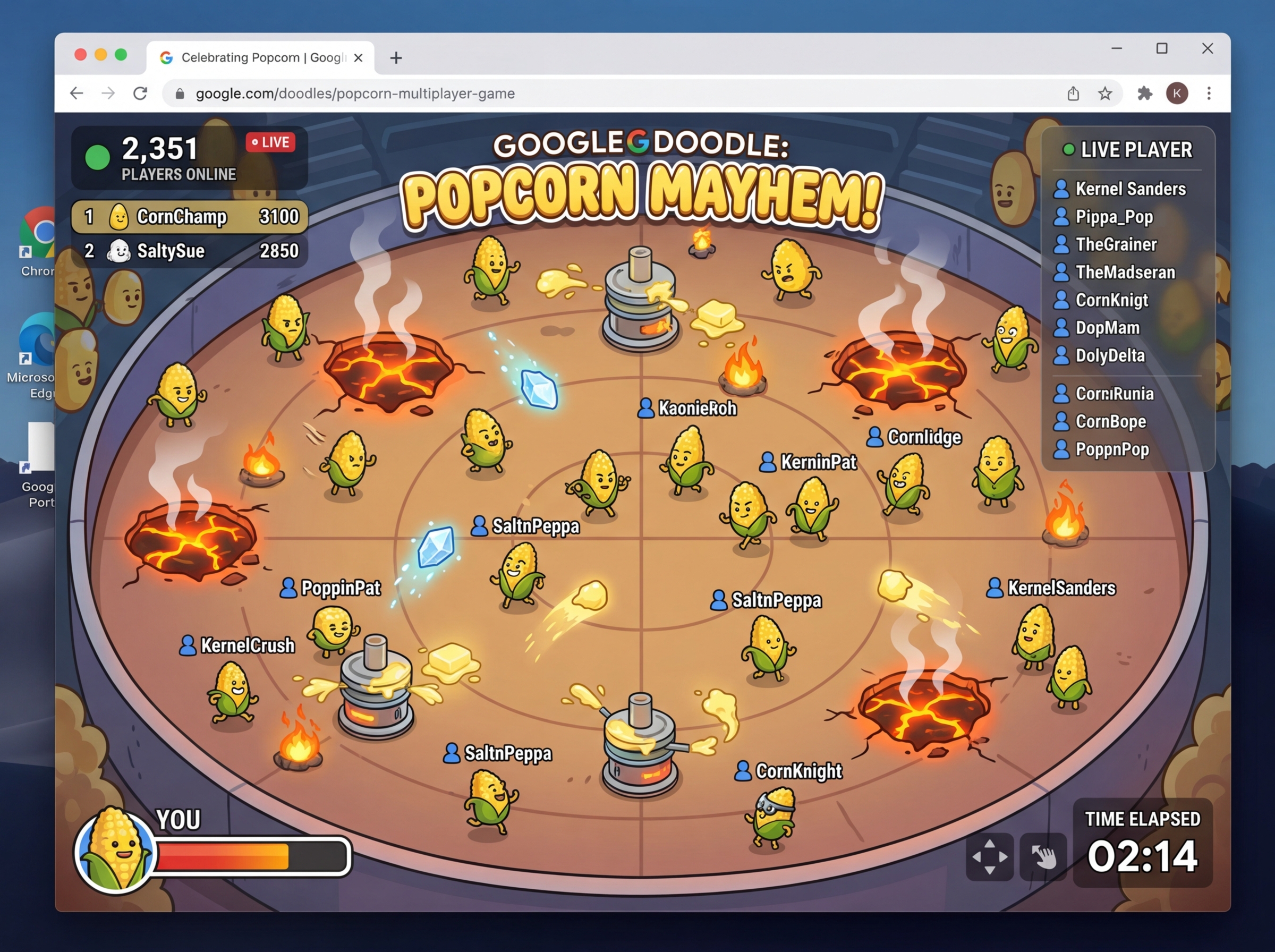 Google Doodle multiplayer interface showing kernels and survival gameplay - popcorn game