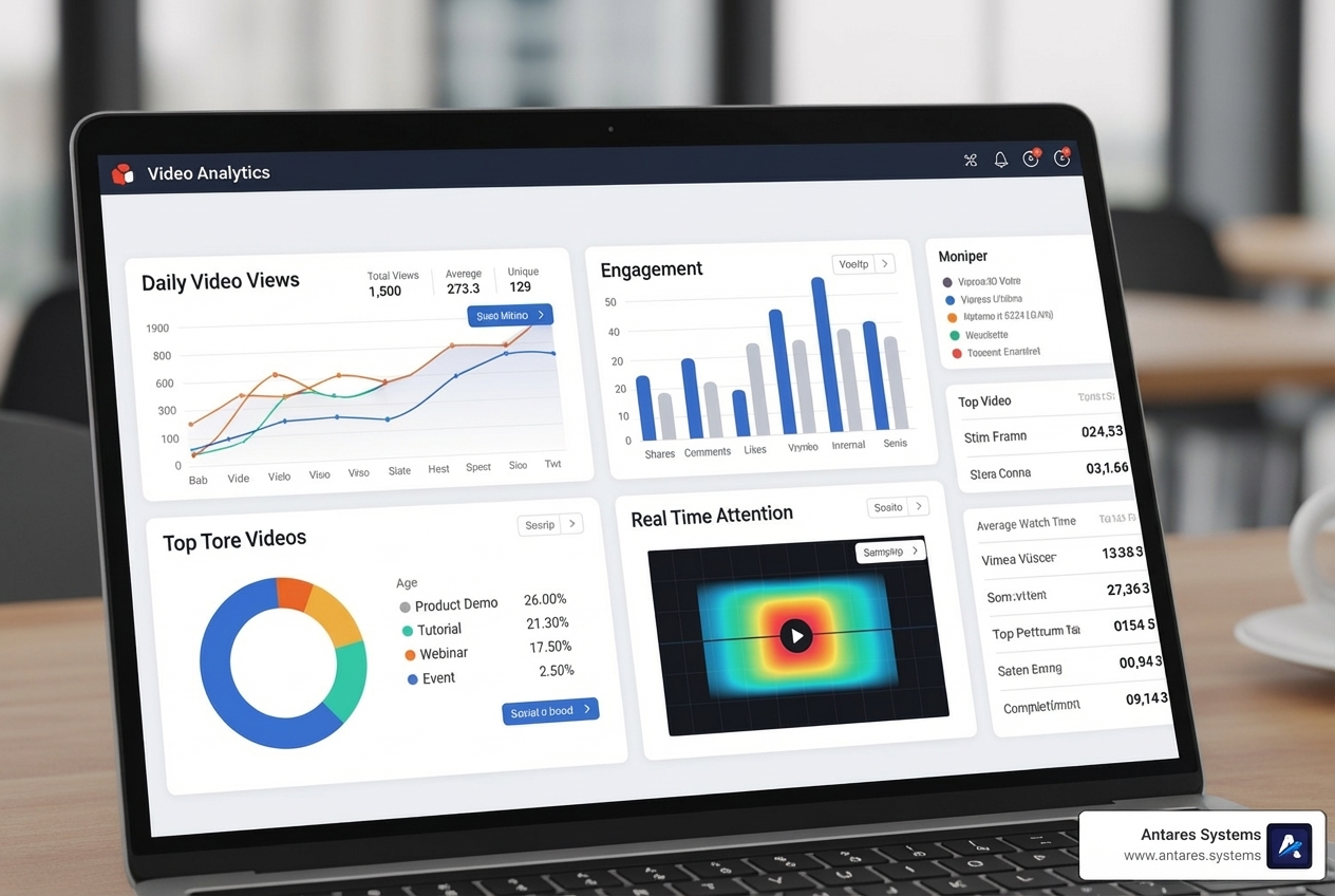 Dashboard showing video analytics on a laptop screen - video marketing builders