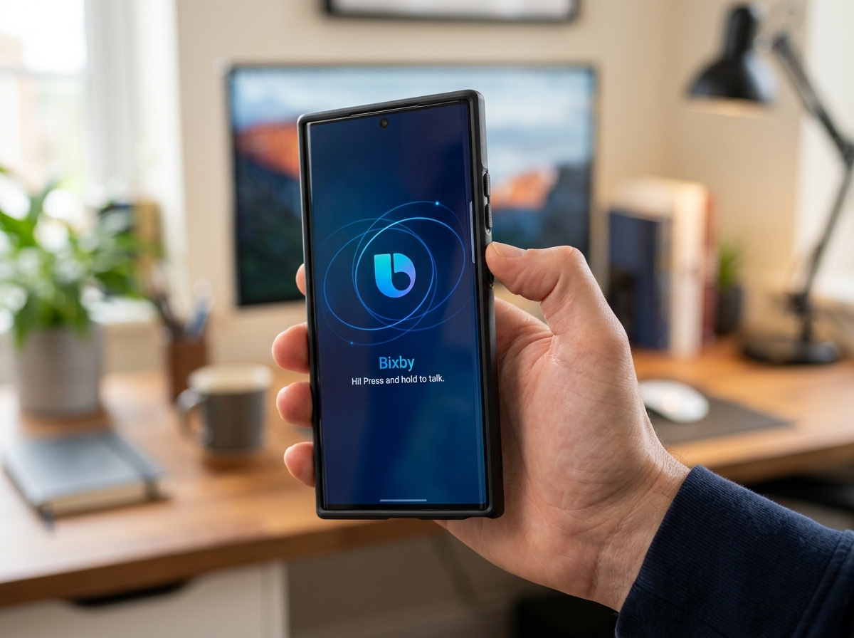 User activating Bixby via the side button on a Galaxy smartphone - voice commands for bixby