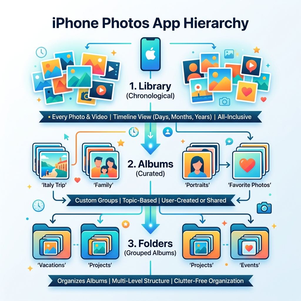 Hierarchy of iPhone Photos app showing Library, Albums, and Folders structure - how to organize photo albums on iphone