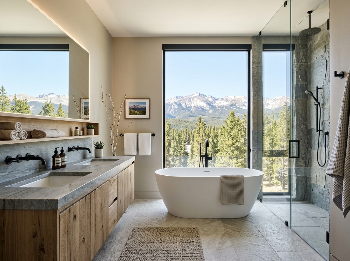 Spa-like modern mountain bathroom in a Denver luxury home, stone counters, natural wood vanity, matte black hardware Spa-like modern mountain bathroom in a Denver luxury home, stone counters, natural wood vanity, matte black hardware