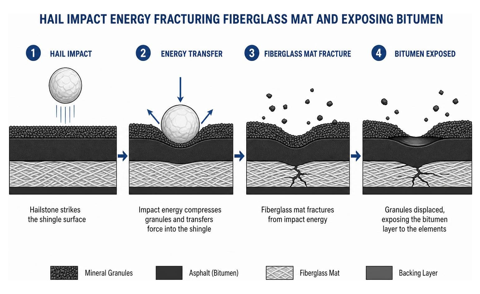 Diagram showing hail impact energy fracturing fiberglass mat and exposing bitumen Diagram showing hail impact energy fracturing fiberglass mat and exposing bitumen