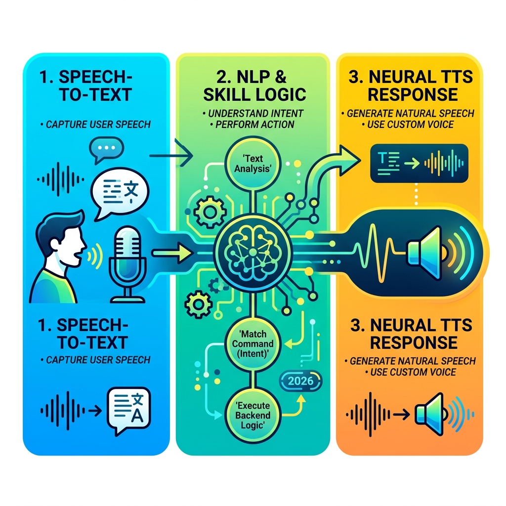 Technical flow from speech-to-text through NLP processing to neural TTS voice response - custom voice skill creation