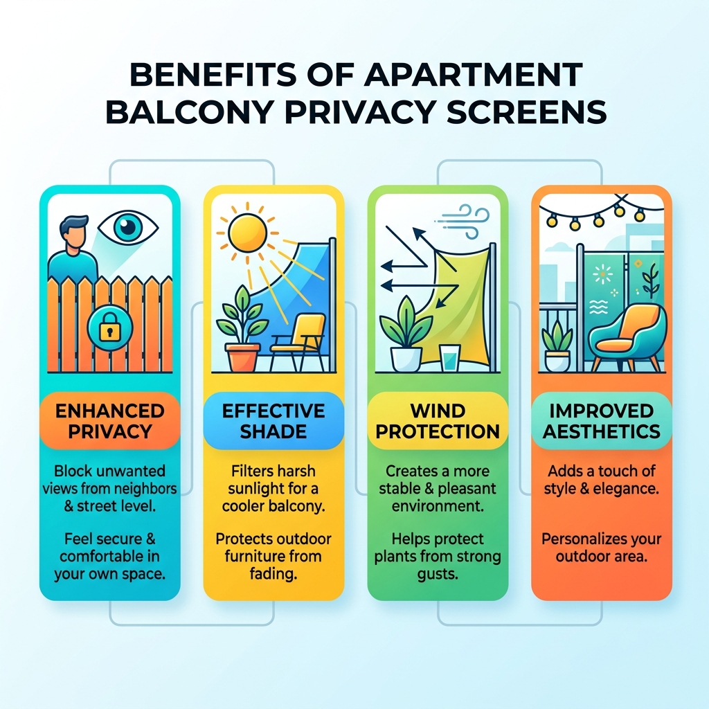 Benefits of apartment balcony privacy screens including privacy, shade, wind protection, and aesthetics - balcony screen