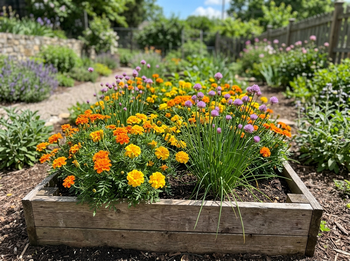 Marigolds and chives providing protection in a raised herb bed - herb garden beetle protection