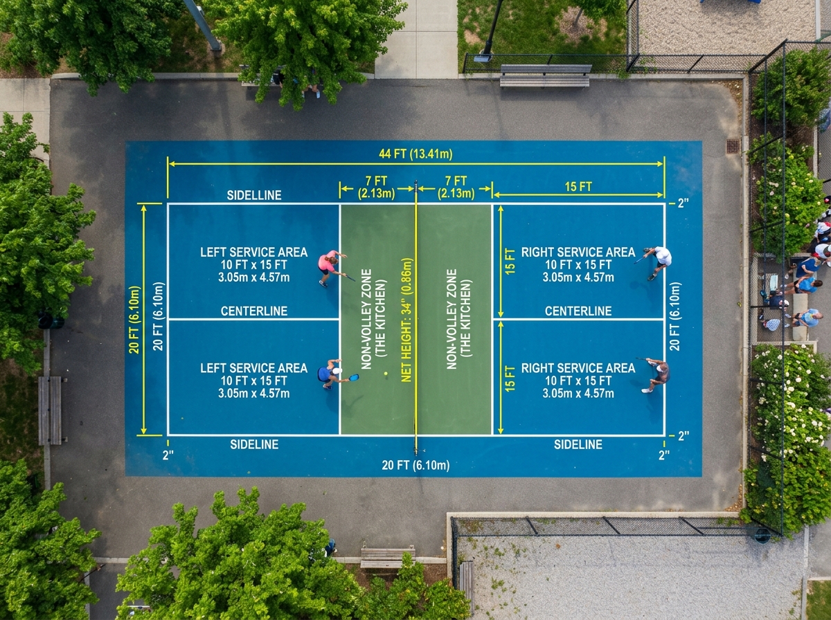 Standard pickleball court layout showing dimensions and zones - pickleball rulebook for beginners Standard pickleball court layout showing dimensions and zones - pickleball rulebook for beginners