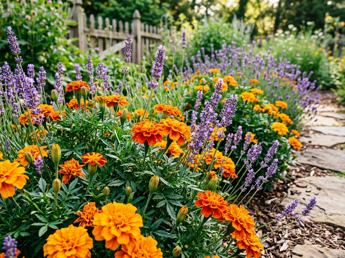 flowering Marigolds and Lavender borders - mosquito repellent plants outdoor