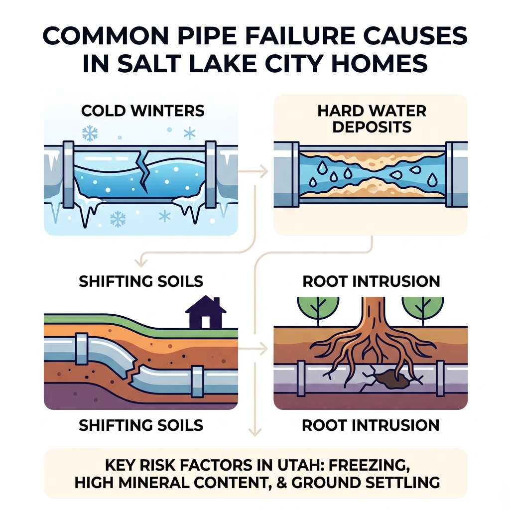 Common pipe failure causes in Salt Lake City homes infographic - pipe repair salt lake city infographic Common pipe failure causes in Salt Lake City homes infographic - pipe repair salt lake city infographic