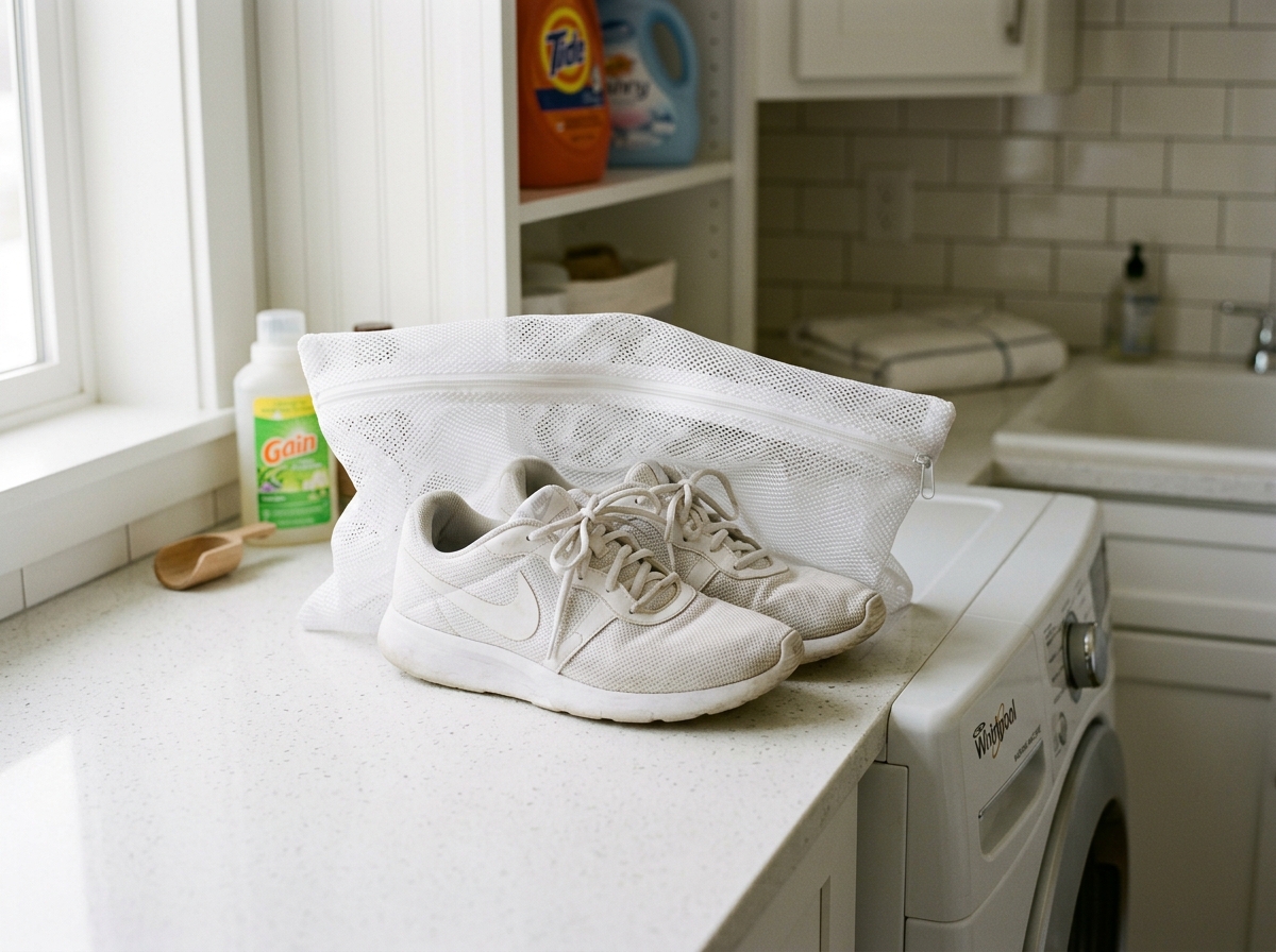sneakers inside a mesh laundry bag ready for the washing machine - can you wash sports shoes
