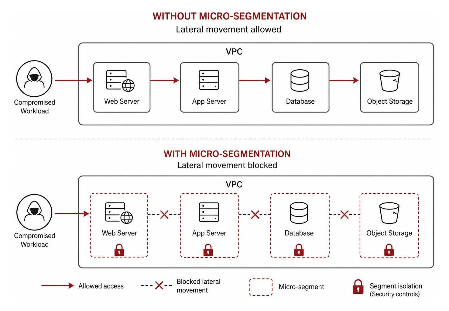 Diagram showing how micro-segmentation blocks lateral movement by isolating workloads within a VPC Diagram showing how micro-segmentation blocks lateral movement by isolating workloads within a VPC
