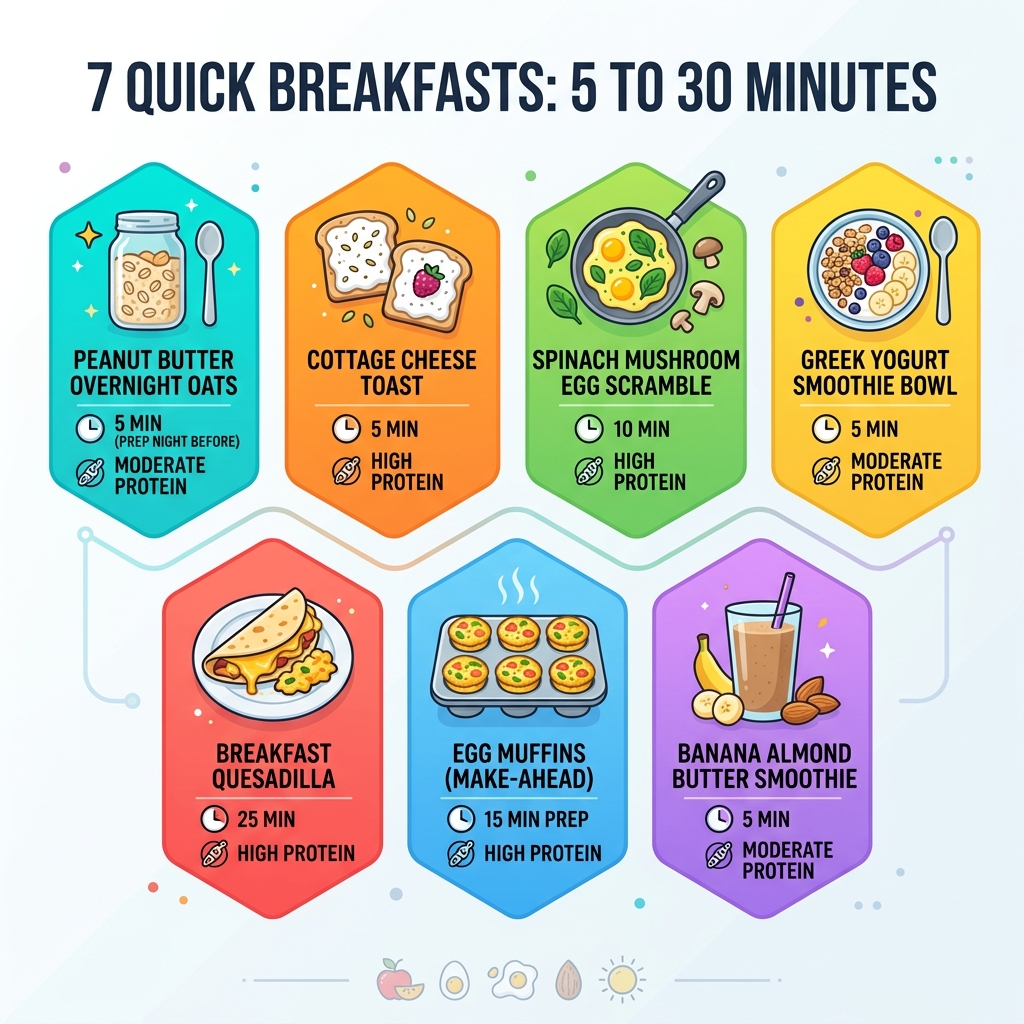Quick breakfast ideas infographic: 7 options from 5 to 30 minutes with protein and cook time - breakfast recipes under 30