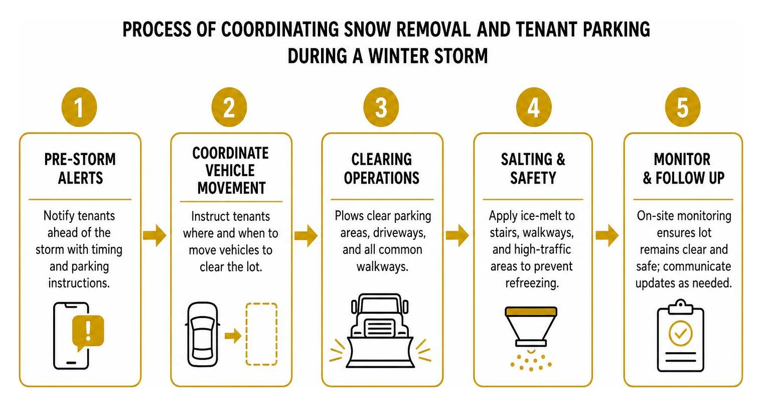 Process of coordinating snow removal and tenant parking during a winter storm Process of coordinating snow removal and tenant parking during a winter storm