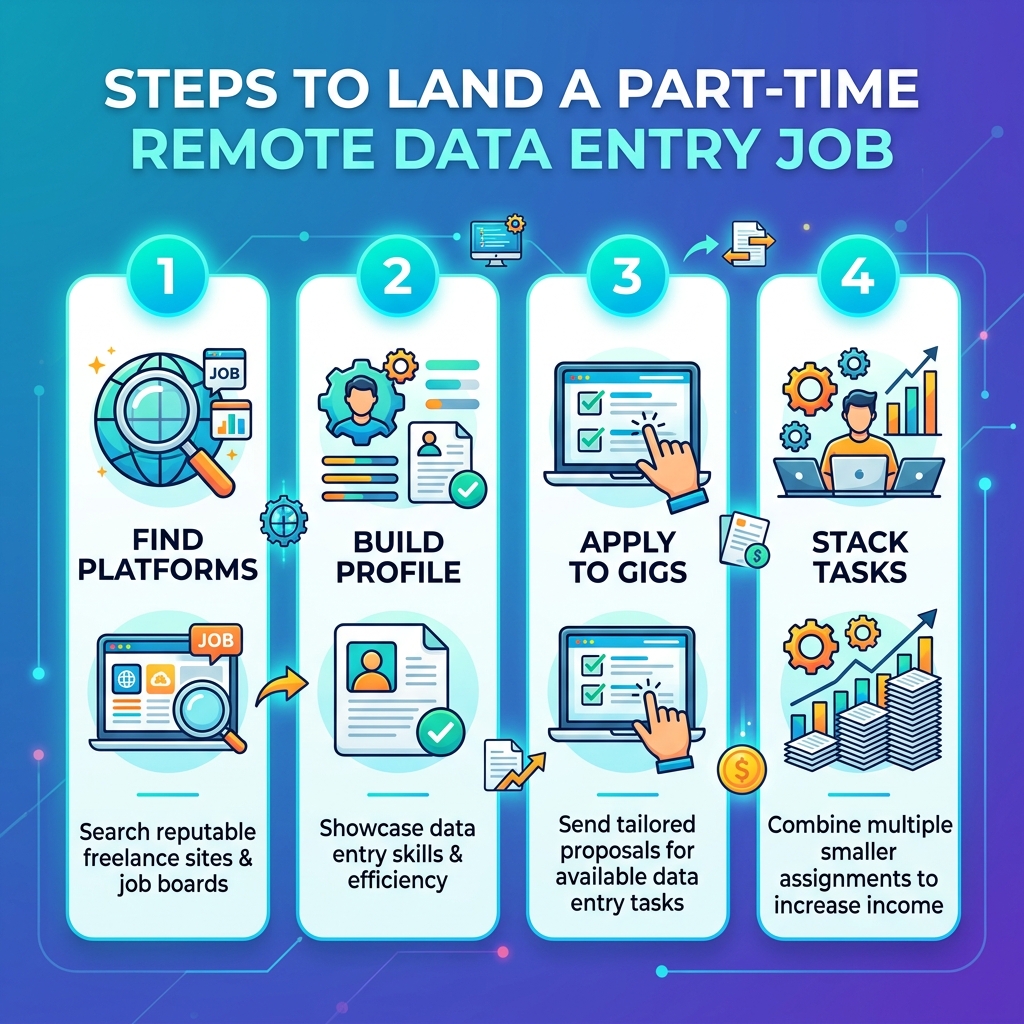 Steps to land a part time remote data entry job: find platforms, build profile, apply to gigs, stack tasks - part time Steps to land a part time remote data entry job: find platforms, build profile, apply to gigs, stack tasks - part time