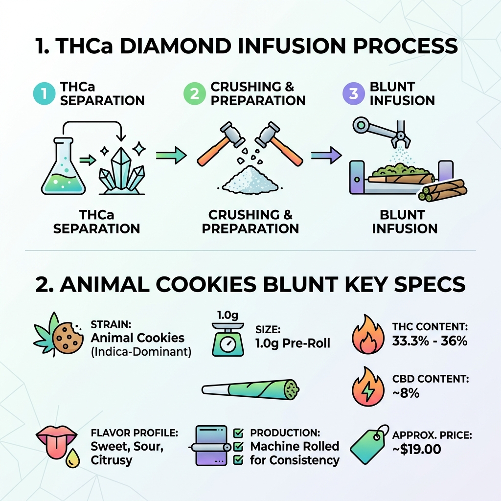 Infographic showing THCa diamond infusion process and Animal Cookies blunt key specs - animal cookies diamond infused blunt