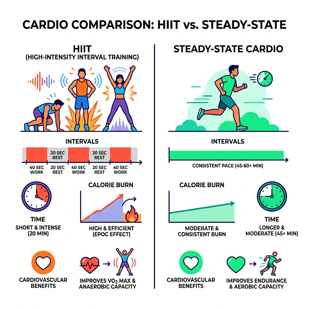 Infographic comparing HIIT vs steady-state cardio: intervals, calorie burn, time, and cardiovascular benefits - 20 minute
