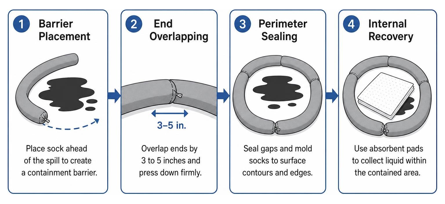 Spill containment sequence: barrier placement, end overlapping, perimeter sealing, internal recovery Spill containment sequence: barrier placement, end overlapping, perimeter sealing, internal recovery