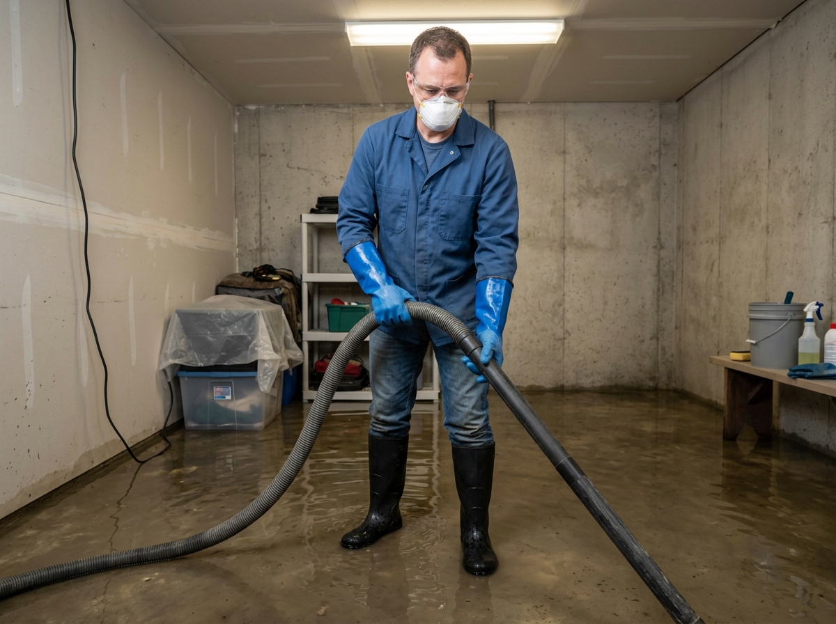 homeowner wearing proper PPE including N95 mask and rubber boots for flood cleanup - clean up after flooded basement