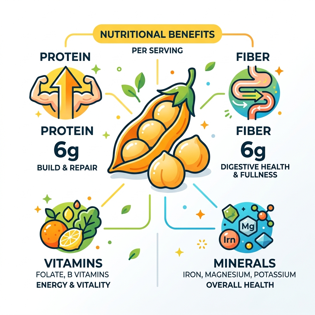 Chickpea nutritional benefits infographic showing protein fiber vitamins and minerals per serving - easy healthy chickpea