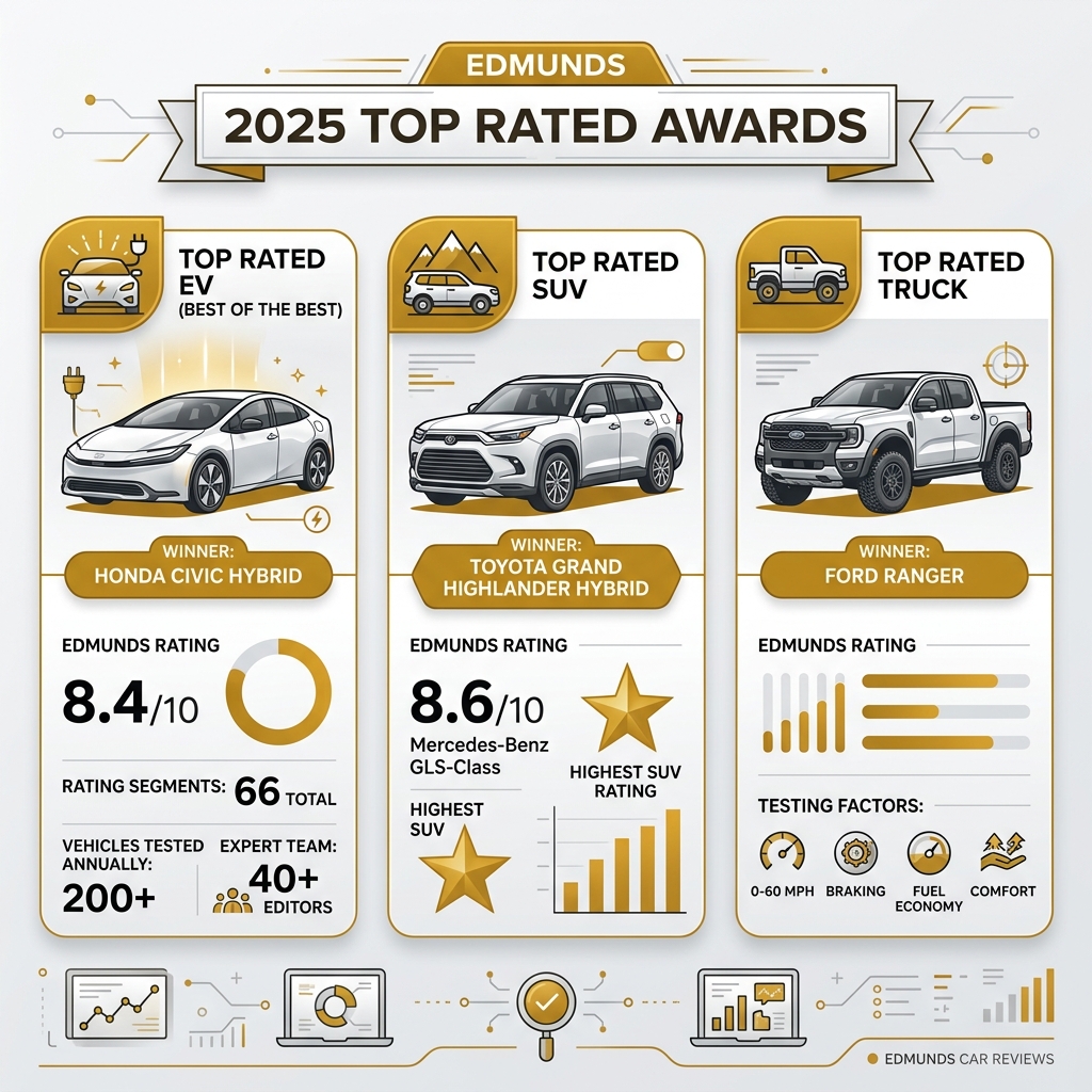 Infographic showing Edmunds 2025 Top Rated Awards winners and key rating stats by vehicle category - edmunds car reviews Infographic showing Edmunds 2025 Top Rated Awards winners and key rating stats by vehicle category - edmunds car reviews