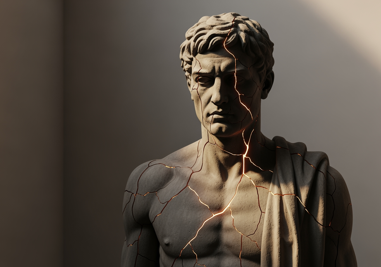 trauma therapy for men, cracked stone statue, hidden pain - trauma therapy for men